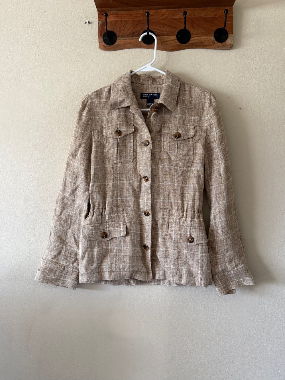 Jones New York Tan Plaid Metallic Linen Cotton Blend Utility Field Jacket Size S